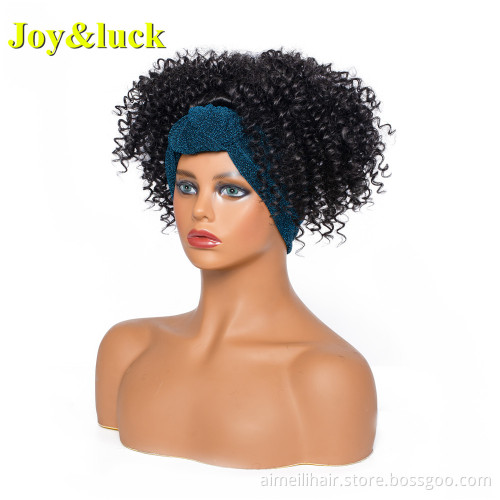 Wholesale Prices Scarf Wig for Black Women Ladies Hair Blue Hairband Black Short Kinky Curly Headband Wig Synthetic Hair Wigs